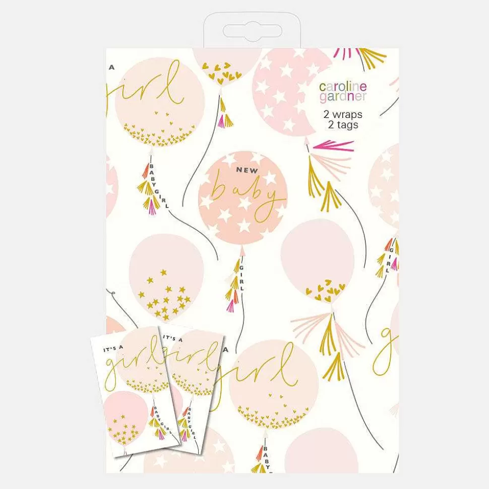Flash Sale Baby Girl Balloons Wrapping Paper And Tags Set Of 2 Wrapping Paper