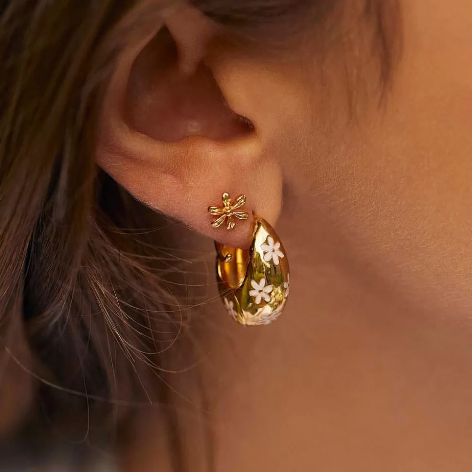 Store Gold Plated Flower Chunky Hinge Hoops Earrings Earrings