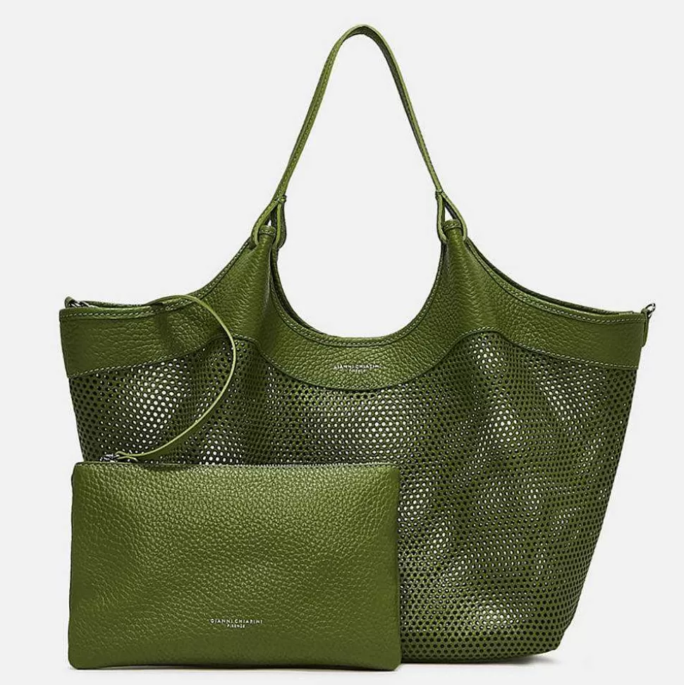 Outlet Green Leather Cut Out Dua Tote Bag Shoulder Bags