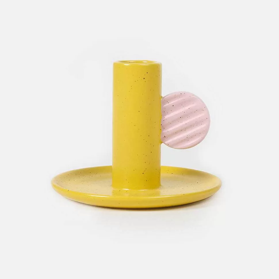 Cheap Mustard/Pink Hand Painted Stoneware Candle Holder Home Office