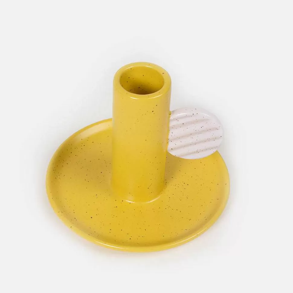 Clearance Mustard/Pink Hand Painted Stoneware Candle Holder Candles & Fragrance