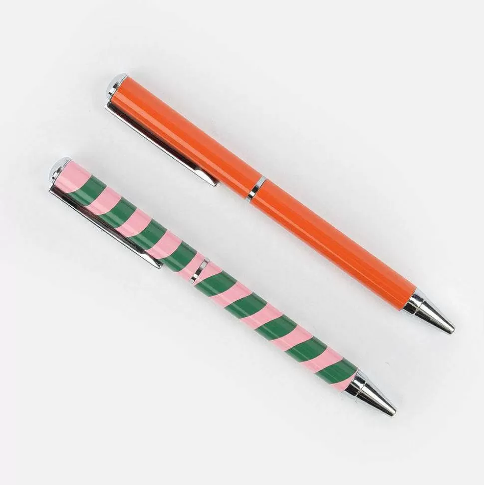 Hot Orange & Pink/Green Wave Stripe Pen Set Of 2 Pens