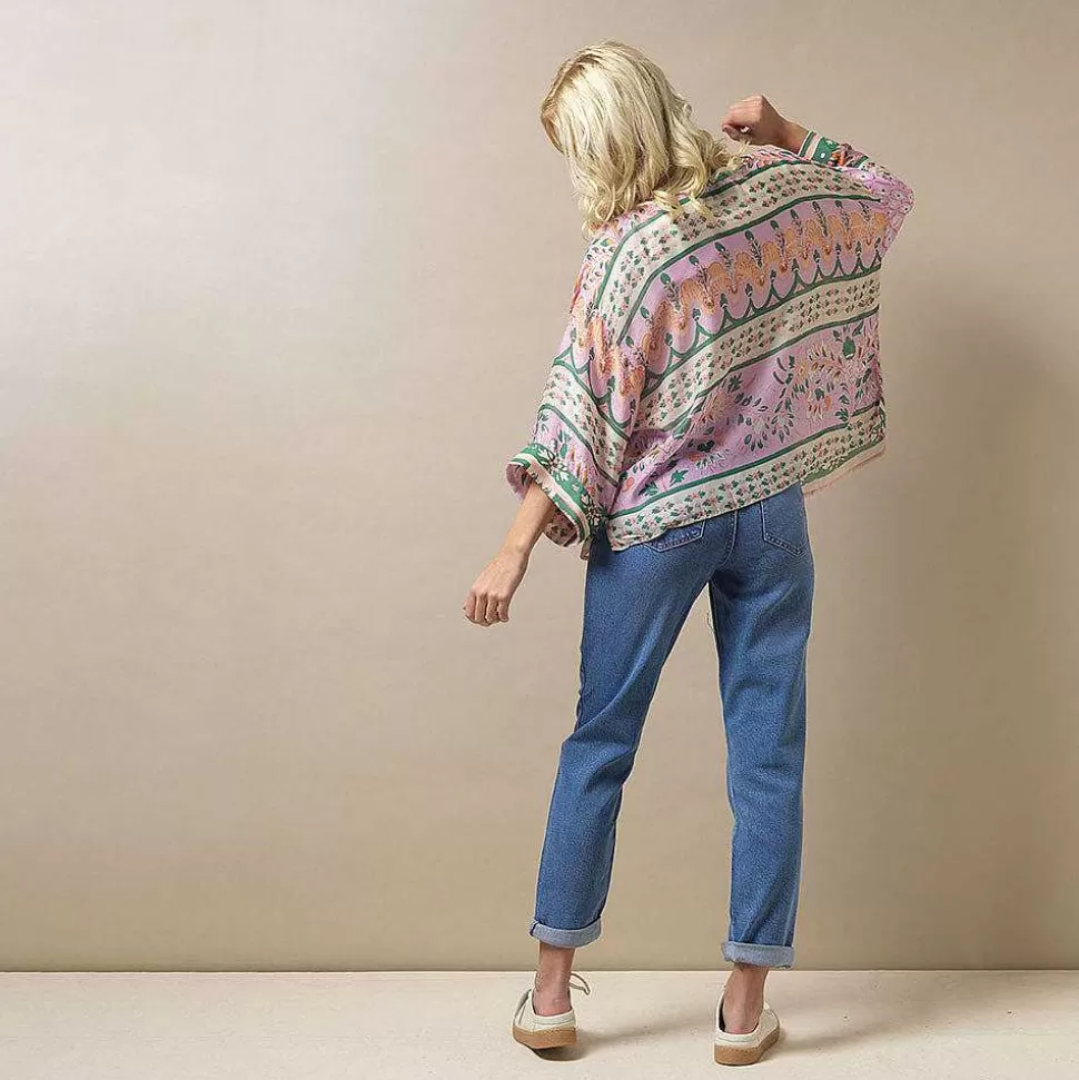 Sale Pink Folk Flowers Short Kimono Loungewear