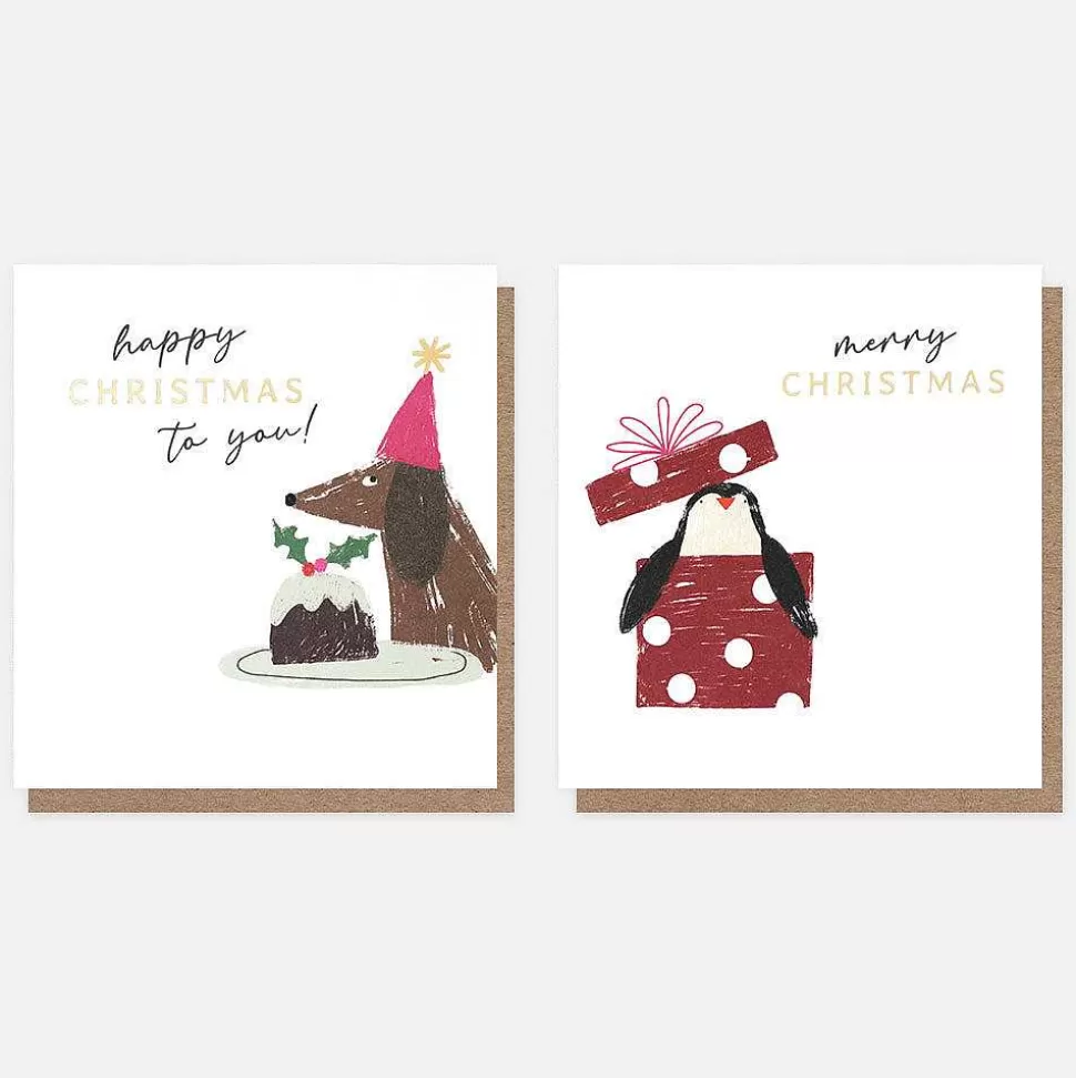 Hot Sausage Dog And Penguin Present Charity Christmas Cards Pack Of 8 Christmas Card Packs